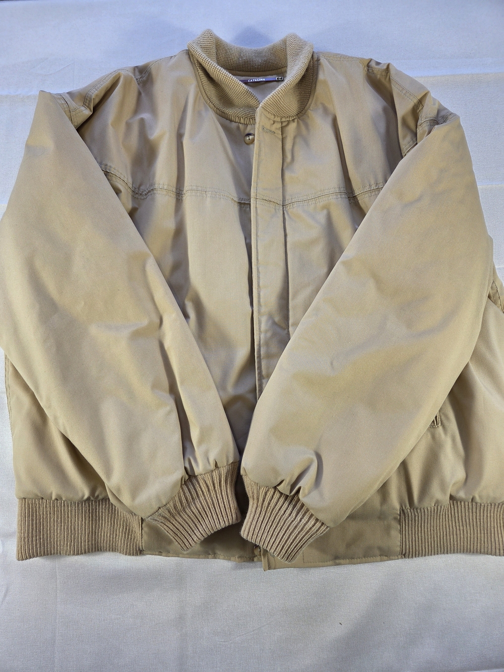 Vintage Catalina Varsity Bomber Jacket Tan USA Made Quilted Lined Size 46